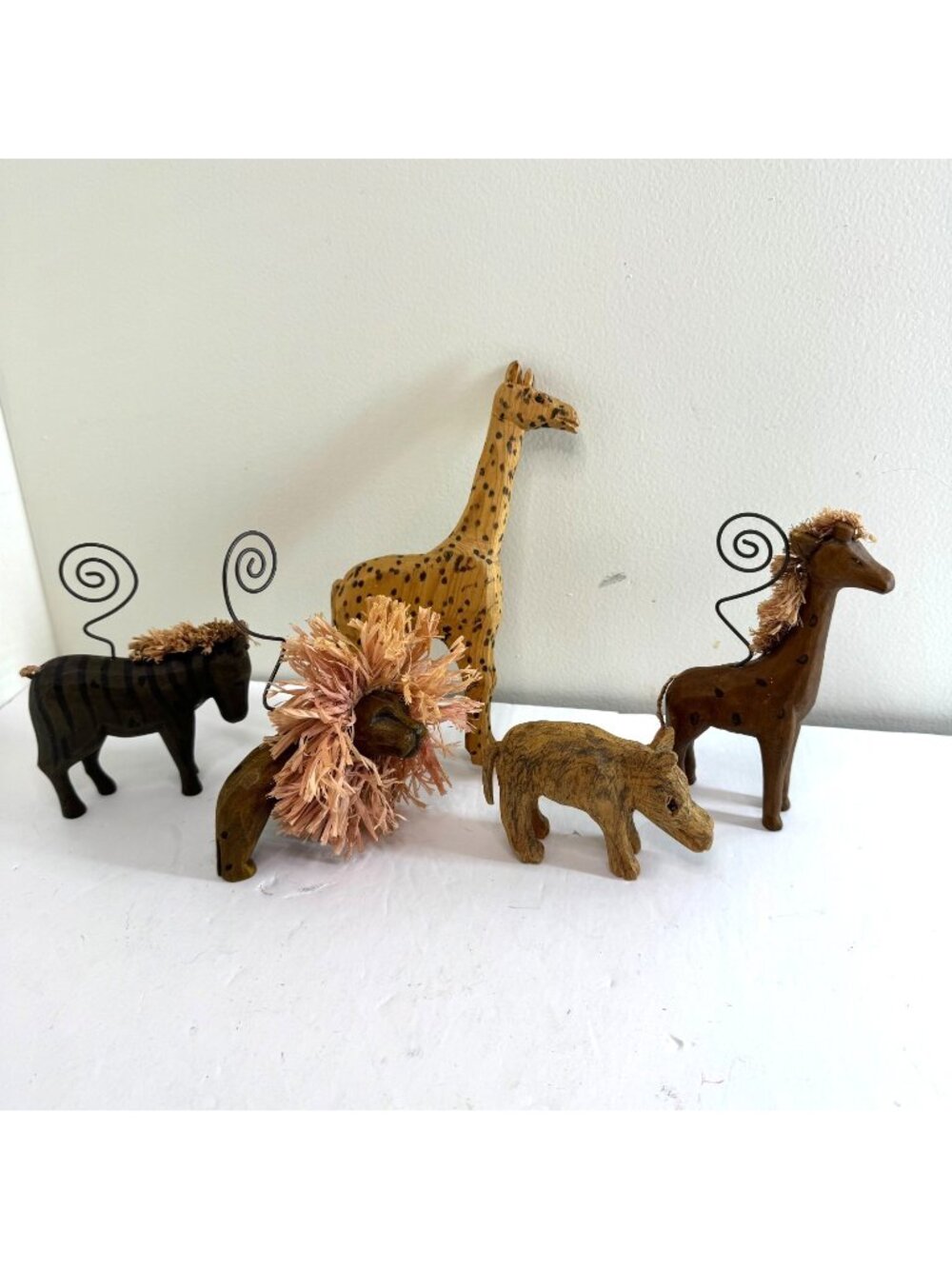 Hand Carved Wood Safari Animals Set of 5 Giraffe Lion Zebra Hippo Figurines